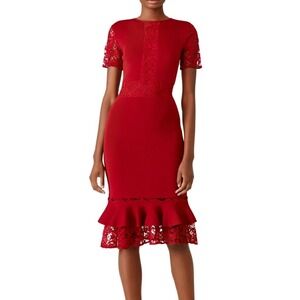 Sachin & Babi guipure Lace Trim Sheath Dress Womens XS Red Cocktail Ruffle Hem